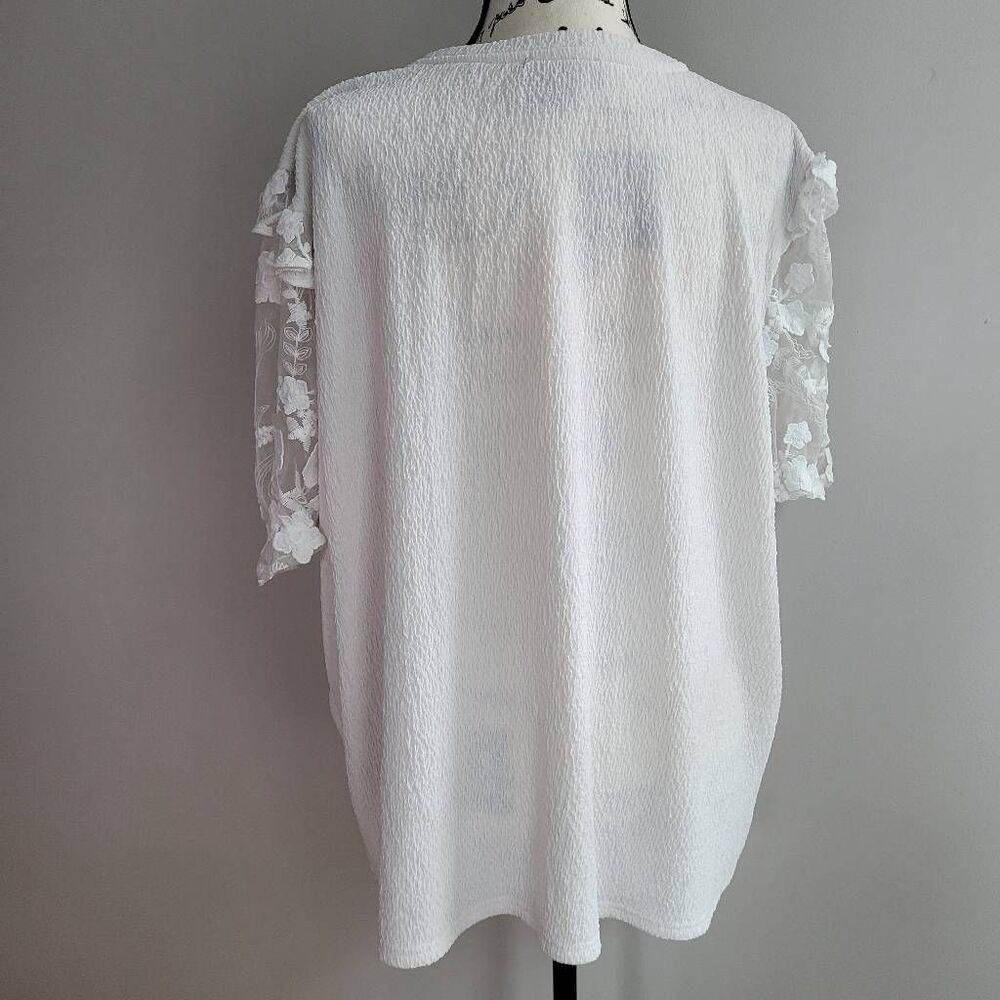 Alice Blue 3X white blouse crinkle textured fabric 3D floral sheer sleeves ruffl - Picture 3 of 11
